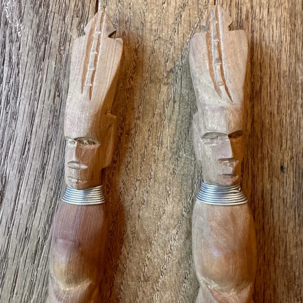 Handmade Tribal Wooden Salad Bowl Utensils Hand Carved African Figures Vintage